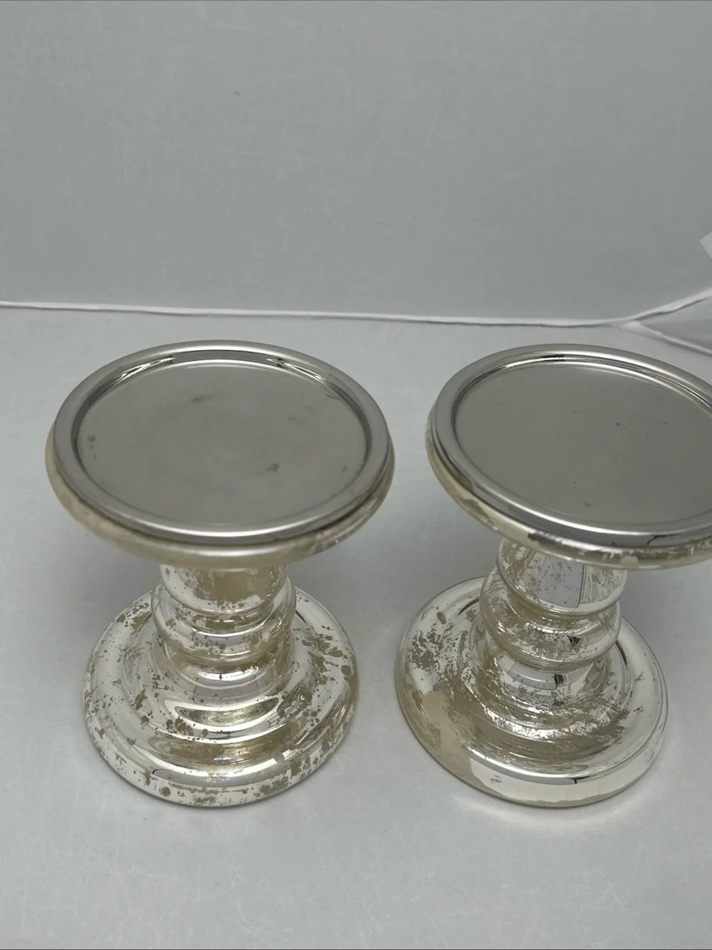 Pottery Barn Antiqued Silver Glass Candle Stands - Pair